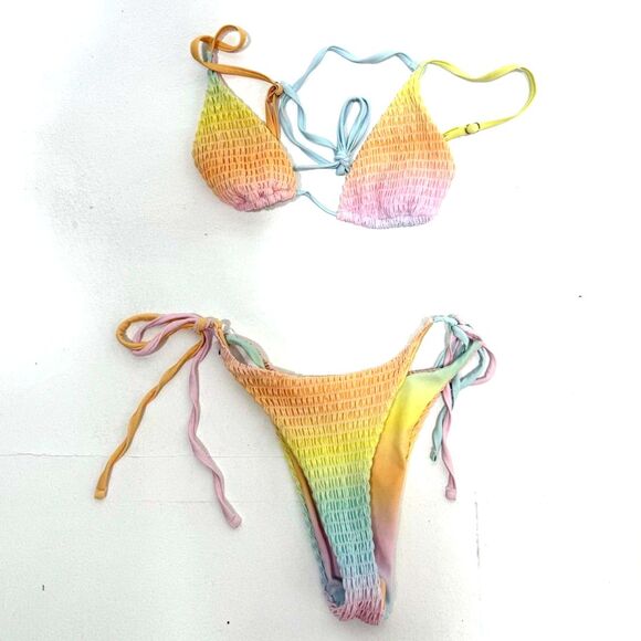 pastel rainbow rouched string bikini - Picture 1 of 8